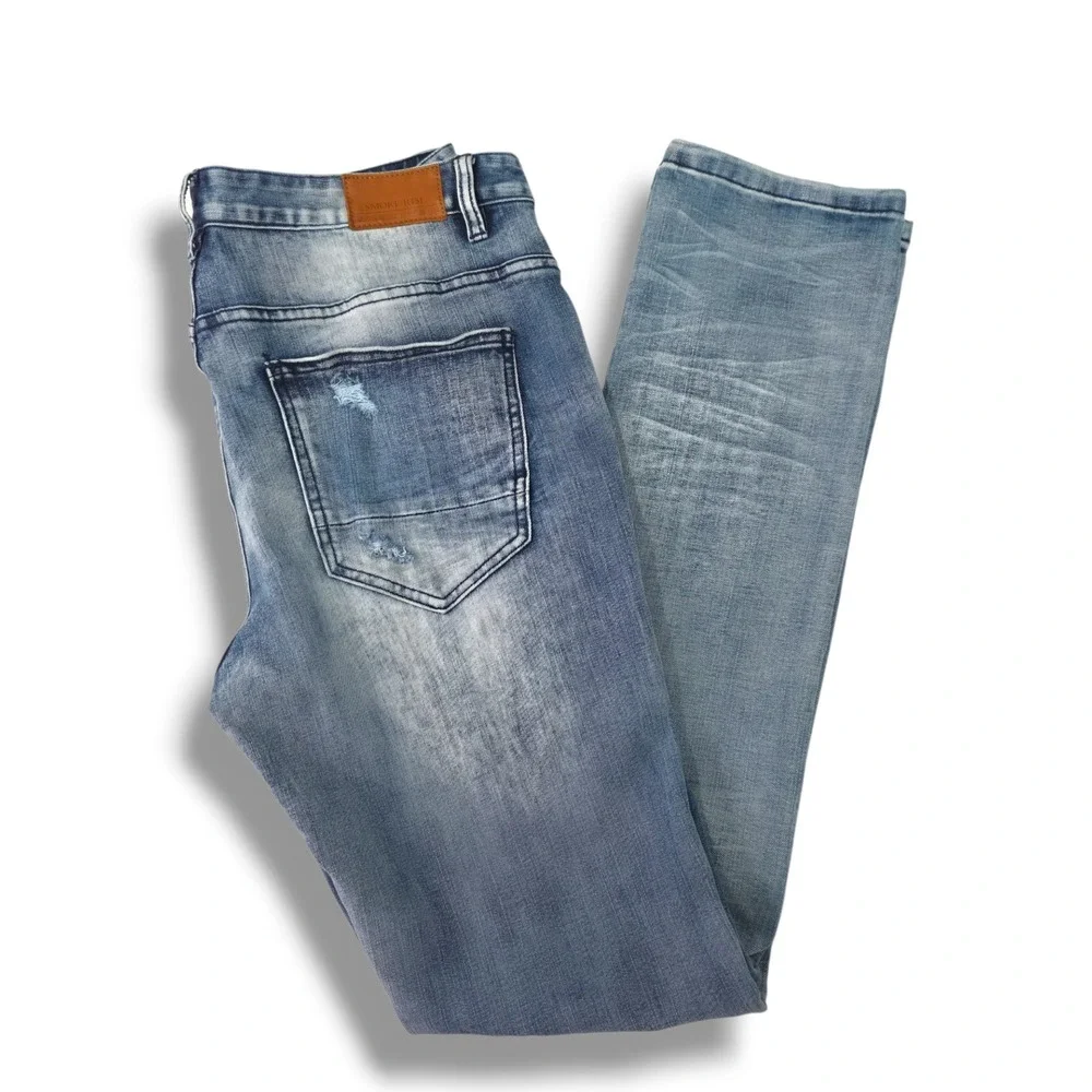Smoke Rise Distressed Slim Straight Jeans Ripped Knee Moto Light Wash Y2K 34x34